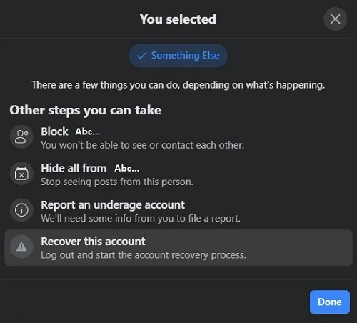Reporting and recovering Facebook profile through friend's account