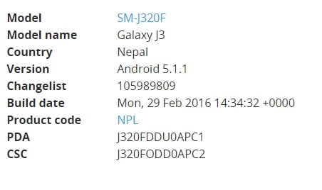Galaxy J3 (2016) Firmware Proof from February Update