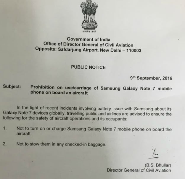 Galaxy Note 7 Ban in Indian Airlines