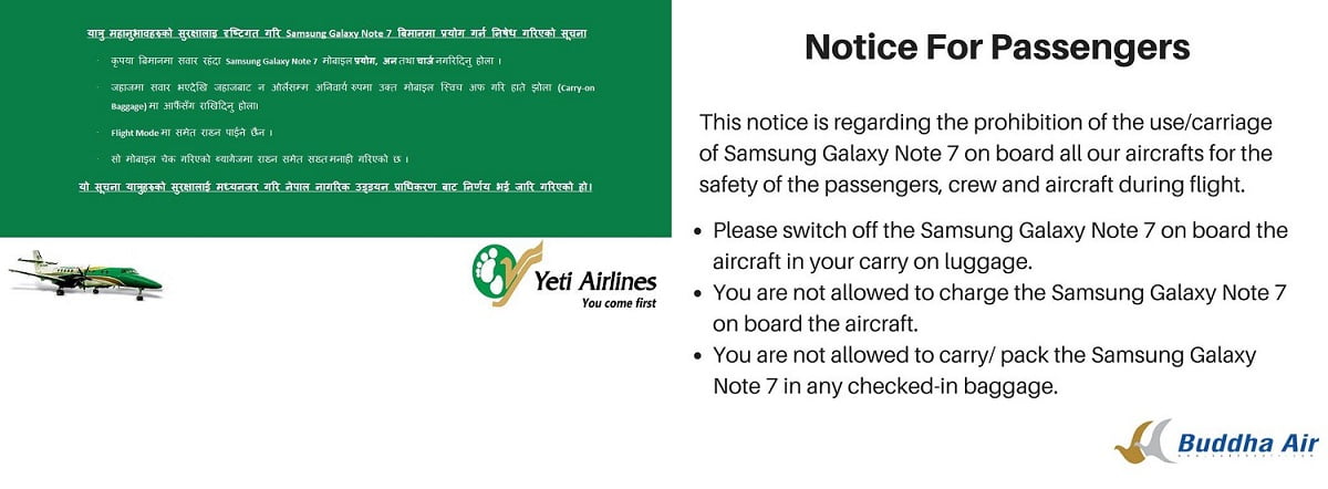 Samsung Galaxy Note 7 ban in Nepal airlines notice