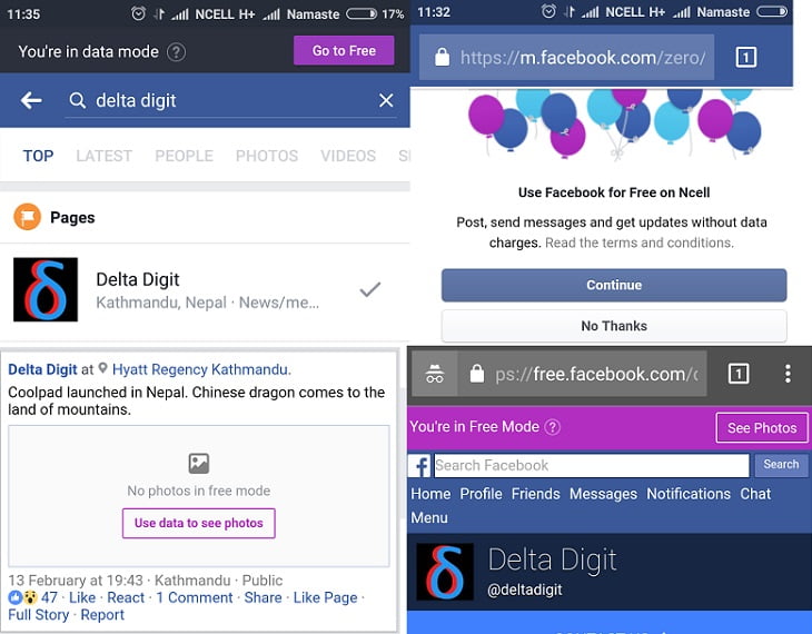 Free Facebook On Ncell: Example using Delta Digit Page