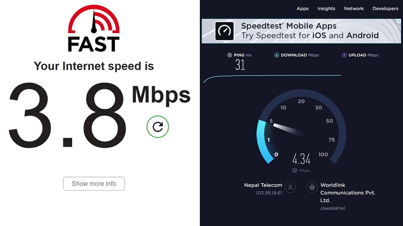 Nepal Telecom ADSL Speed Test Result