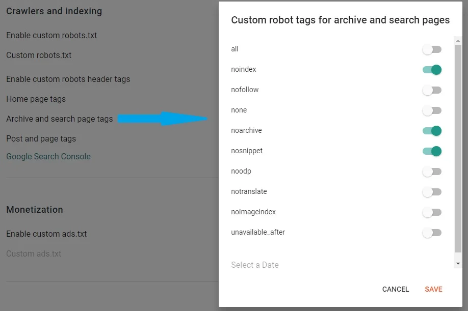 Custom Robot Tags Setting in Blogger